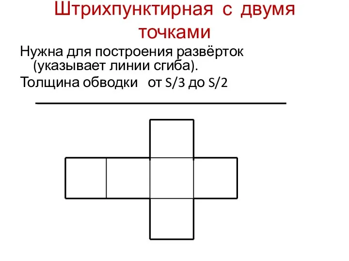 Штрихпунктирная с двумя точками Нужна для построения развёрток(указывает линии сгиба). Толщина обводки от S/3 до S/2