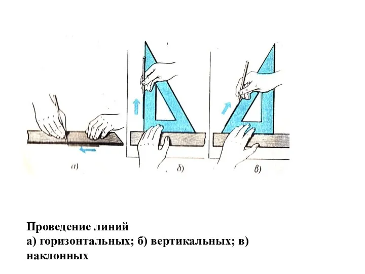 Проведение линий а) горизонтальных; б) вертикальных; в) наклонных