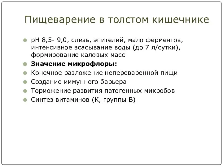 Пищеварение в толстом кишечнике pH 8,5- 9,0, слизь, эпителий, мало ферментов, интенсивное