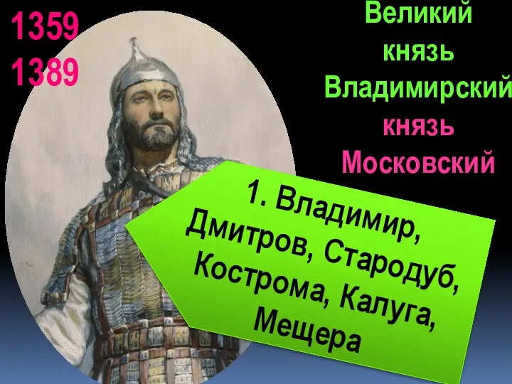 1359 1389 1. Владимир, Дмитров, Стародуб, Кострома, Калуга, Мещера Великий князь Владимирский князь Московский