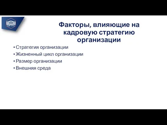 Факторы, влияющие на кадровую стратегию организации Стратегия организации Жизненный цикл органи­зации Размер орга­низации Внешняя среда