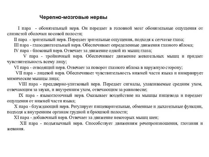 Черепно-мозговые нервы I пара - обонятельный нерв. Он передает в головной мозг