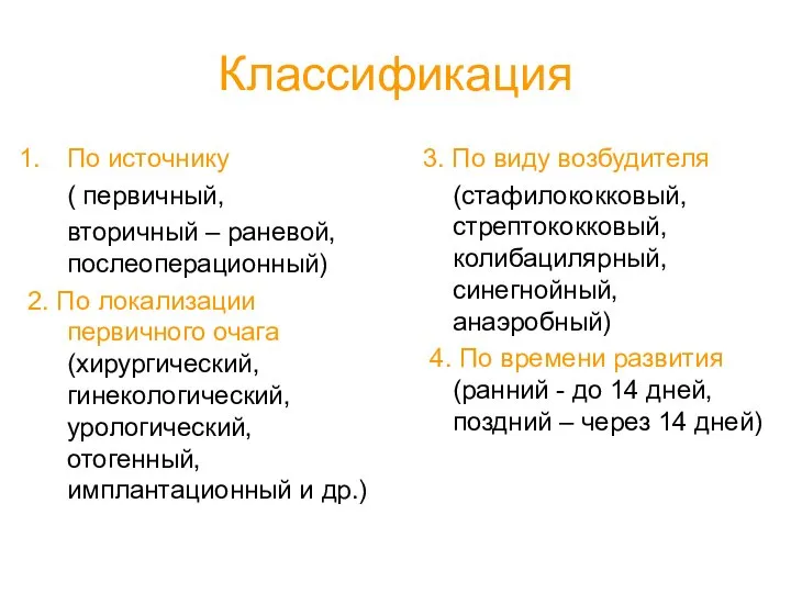 Классификация По источнику ( первичный, вторичный – раневой, послеоперационный) 2. По локализации