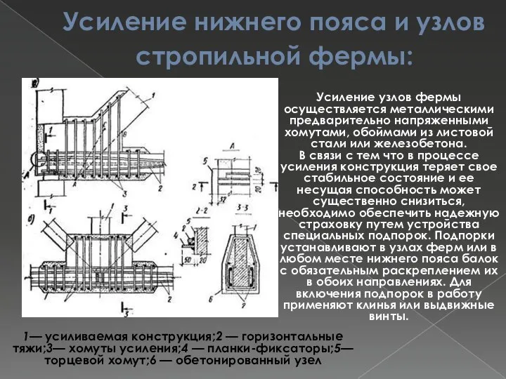 Усиление нижнего пояса и узлов стропильной фермы: Усиление узлов фермы осуществляется металлическими