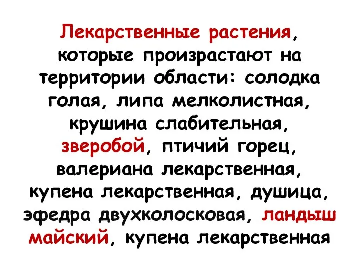 Лекарственные растения, которые произрастают на территории области: солодка голая, липа мелколистная, крушина