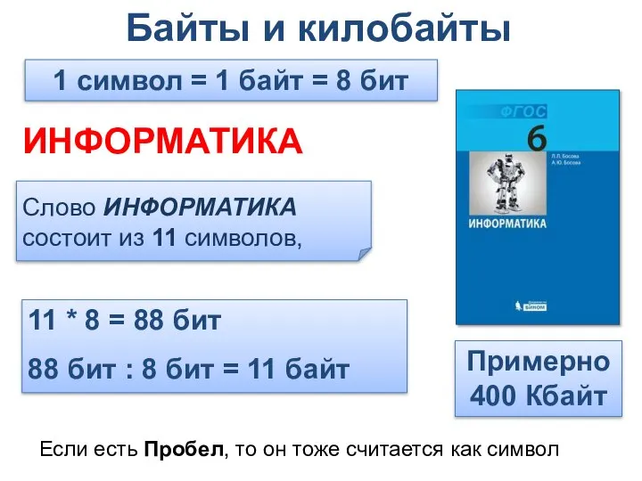 Байты и килобайты Слово ИНФОРМАТИКА состоит из 11 символов, 11 * 8