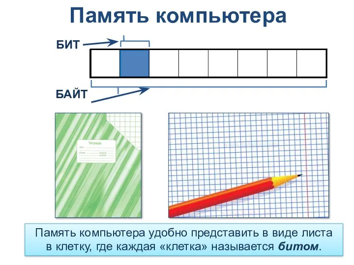 Память компьютера БИТ БАЙТ Память компьютера удобно представить в виде листа в