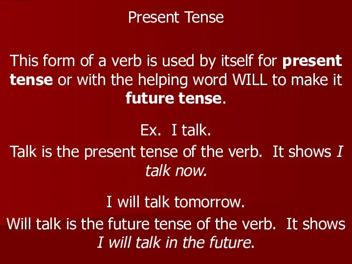 Present Tense This form of a verb is used by itself for