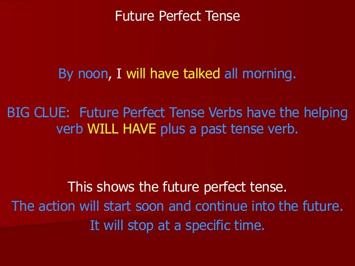 Future Perfect Tense By noon, I will have talked all morning. BIG
