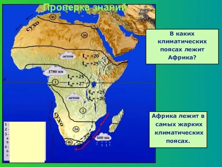В каких климатических поясах лежит Африка? Африка лежит в самых жарких климатических поясах. Проверка знаний
