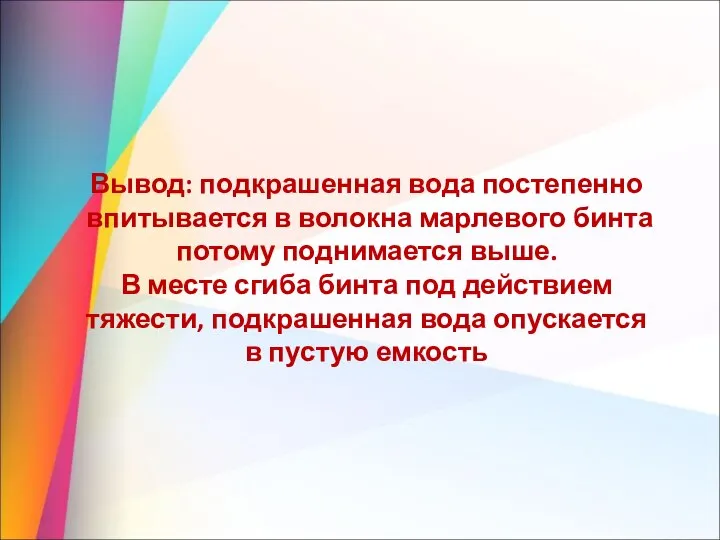 Вывод: подкрашенная вода постепенно впитывается в волокна марлевого бинта потому поднимается выше.