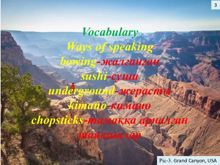 3 Pic-3. Grand Canyon, USA Vocabulary Ways of speaking bowing-жалғанған sushi-суши underground-жерасты kimano-кимано chopsticks-тамаққа арналған таяқшалар