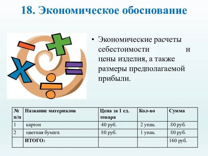 18. Экономическое обоснование Экономические расчеты себестоимости и цены изделия, а также размеры предполагаемой прибыли.