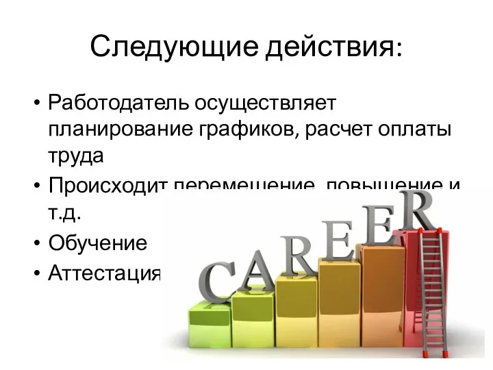 Следующие действия: Работодатель осуществляет планирование графиков, расчет оплаты труда Происходит перемещение, повышение и т.д. Обучение Аттестация