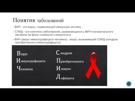 Понятия заболеваний ВИЧ - это вирус, подавляющий иммунную систему. СПИД - это