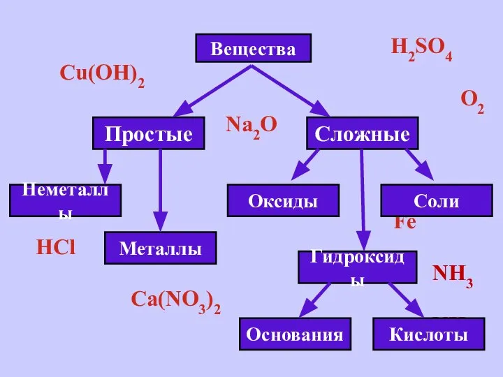 H2SO4 Cu(OH)2 O2 Na2O Fe HCl NH3 Ca(NO3)2 NH3 Вещества Простые Металлы