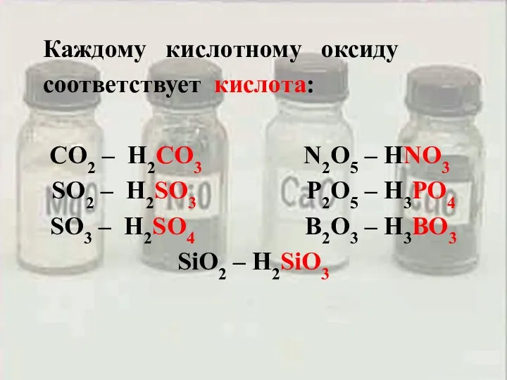 Каждому кислотному оксиду соответствует кислота: CO2 – H2CO3 N2O5 – HNO3 SO2