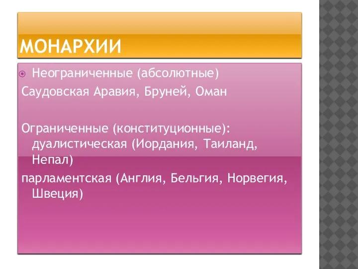 МОНАРХИИ Неограниченные (абсолютные) Саудовская Аравия, Бруней, Оман Ограниченные (конституционные): дуалистическая (Иордания, Таиланд,