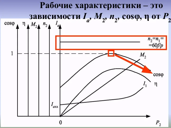 Рабочие характеристики – это зависимости Iа, М2, п2, cosφ, η от Р2.