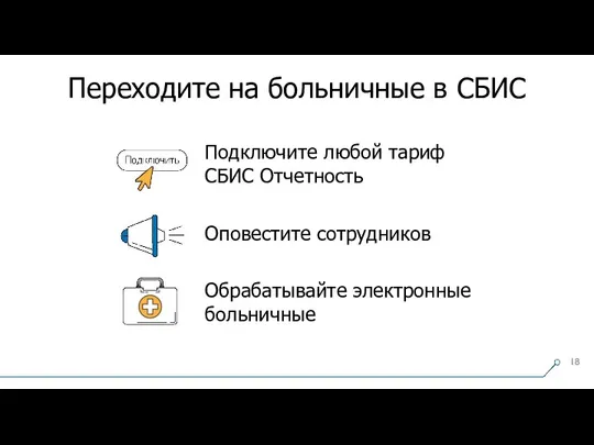 Подключите любой тариф СБИС Отчетность Оповестите сотрудников Обрабатывайте электронные больничные Переходите на больничные в СБИС