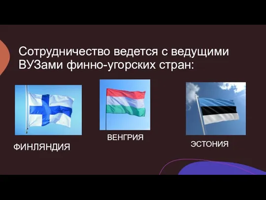 Сотрудничество ведется с ведущими ВУЗами финно-угорских стран: ЭСТОНИЯ ВЕНГРИЯ ФИНЛЯНДИЯ