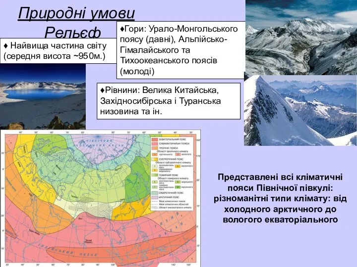 Природні умови Рельєф ♦ Найвища частина світу (середня висота ~950м.) ♦Гори: Урало-Монгольського