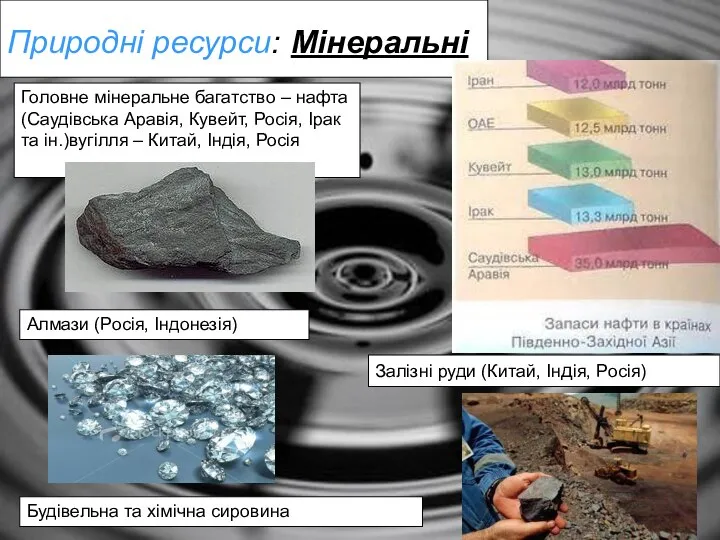 Природні ресурси: Мінеральні Головне мінеральне багатство – нафта (Саудівська Аравія, Кувейт, Росія,