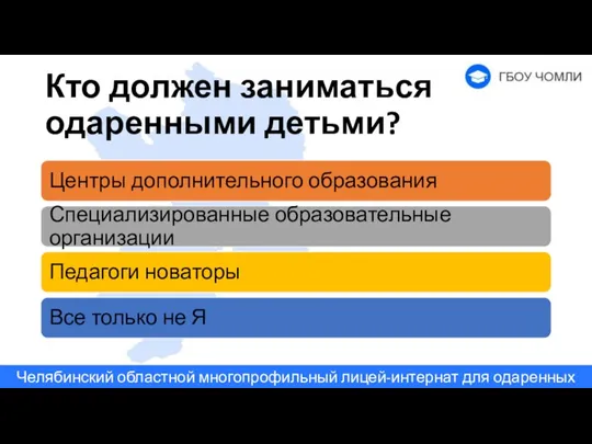 Кто должен заниматься одаренными детьми? Центры дополнительного образования Специализированные образовательные организации Педагоги