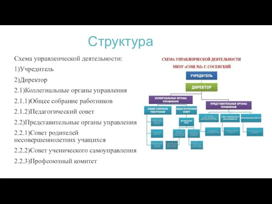 Структура Схема управленческой деятельности: 1)Учредитель 2)Директор 2.1)Коллегиальные органы управления 2.1.1)Общее собрание работников