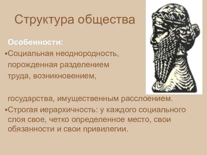 Структура общества Особенности: Социальная неоднородность, порожденная разделением труда, возникновением, государства, имущественным расслоением.