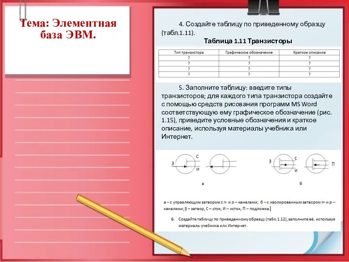 Тема: Элементная база ЭВМ. 4. Создайте таблицу по приведенному образцу (табл.1.11). Таблица