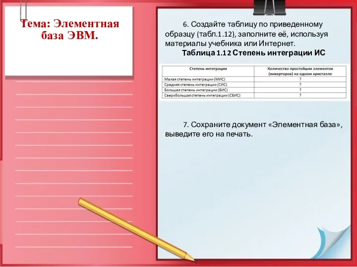 Тема: Элементная база ЭВМ. 6. Создайте таблицу по приведенному образцу (табл.1.12), заполните