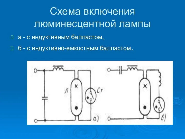 Схема включения люминесцентной лампы а - с индуктивным балластом, б - с индуктивно-емкостным балластом.