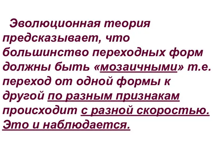 Эволюционная теория предсказывает, что большинство переходных форм должны быть «мозаичными» т.е. переход