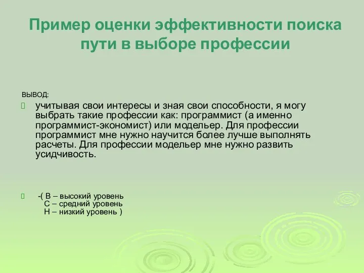 Пример оценки эффективности поиска пути в выборе профессии ВЫВОД: учитывая свои интересы