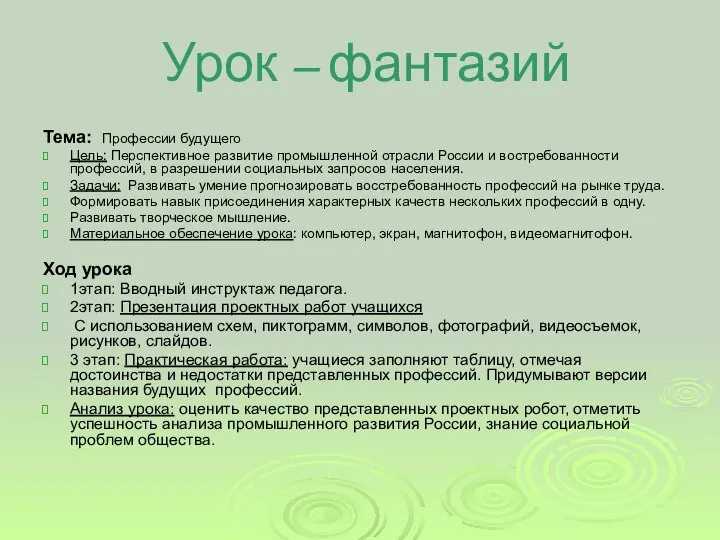 Урок – фантазий Тема: Профессии будущего Цель: Перспективное развитие промышленной отрасли России