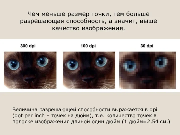 Чем меньше размер точки, тем больше разрешающая способность, а значит, выше качество