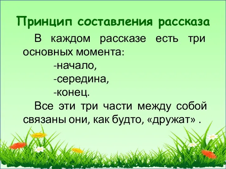 Принцип составления рассказа В каждом рассказе есть три основных момента: начало, середина,