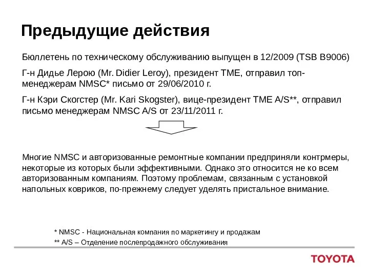 Предыдущие действия Бюллетень по техническому обслуживанию выпущен в 12/2009 (TSB B9006) Г-н