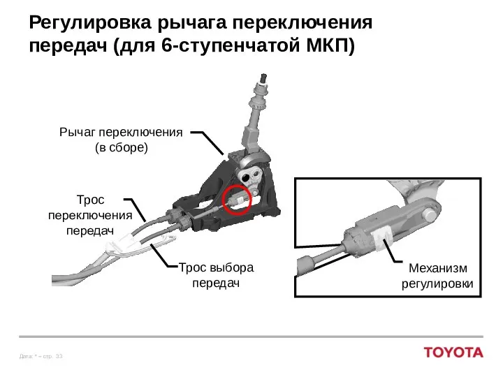 Регулировка рычага переключения передач (для 6-ступенчатой МКП) Трос переключения передач Трос выбора