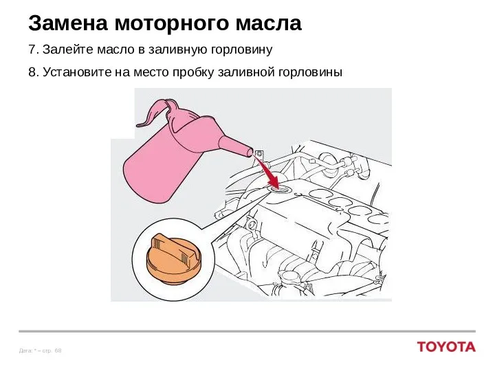 Замена моторного масла 7. Залейте масло в заливную горловину 8. Установите на место пробку заливной горловины