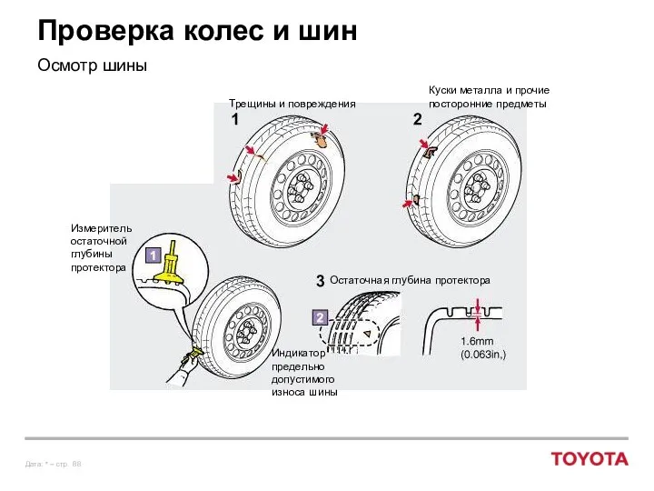 Проверка колес и шин Осмотр шины Измеритель остаточной глубины протектора Индикатор предельно