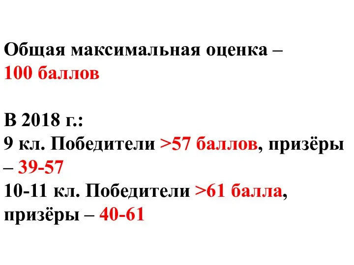 Общая максимальная оценка – 100 баллов В 2018 г.: 9 кл. Победители