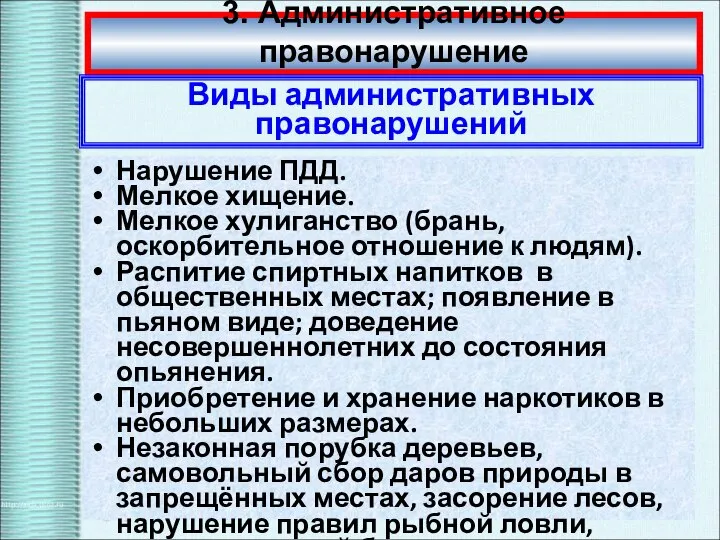 3. Административное правонарушение Виды административных правонарушений Нарушение ПДД. Мелкое хищение. Мелкое хулиганство