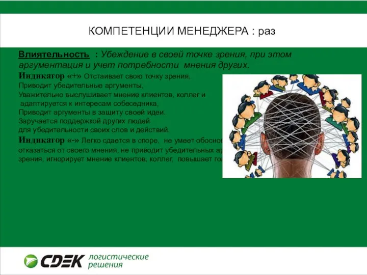 КОМПЕТЕНЦИИ МЕНЕДЖЕРА : раз Влиятельность : Убеждение в своей точке зрения, при