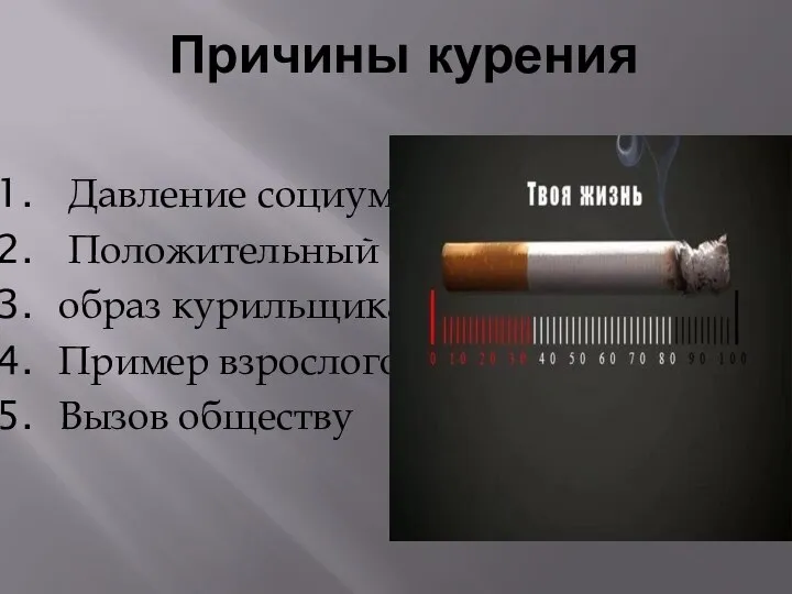 Причины курения Давление социума Положительный образ курильщика Пример взрослого Вызов обществу