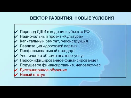 ВЕКТОР РАЗВИТИЯ: НОВЫЕ УСЛОВИЯ Перевод ДШИ в ведение субъекта РФ Национальный проект