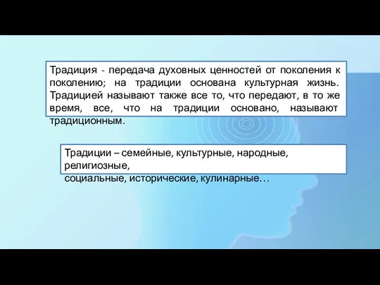 Традиции – семейные, культурные, народные, религиозные, социальные, исторические, кулинарные… Традиция - передача