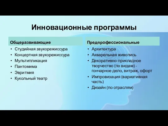 Инновационные программы Общеразвивающие Студийная звукорежиссура Концертная звукорежиссура Мультипликация Пантомима Эвритмия Кукольный театр