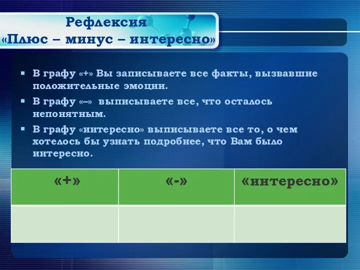 Рефлексия «Плюс – минус – интересно» В графу «+» Вы записываете все